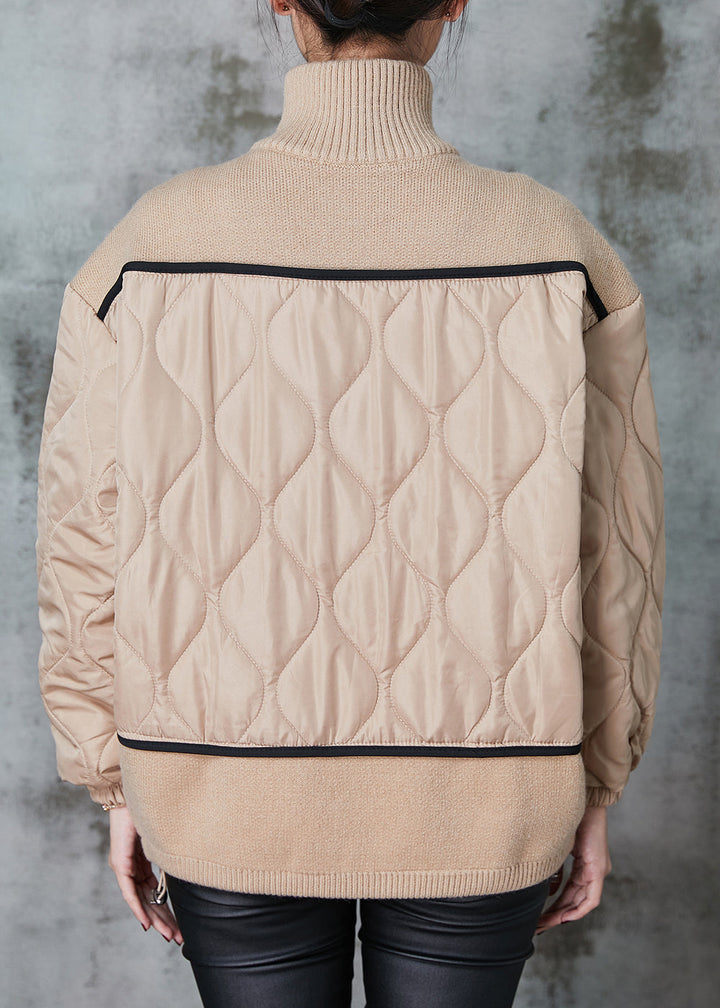 Drune | Größe Khaki Stehkragen Patchwork Strick Feine Baumwolle Gefüllte Mäntel