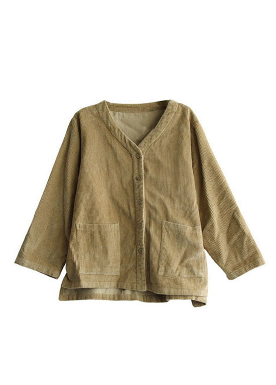 Drune | Größe Khaki V Hals Taschen Knopf Cordjacken Lange Ärmel