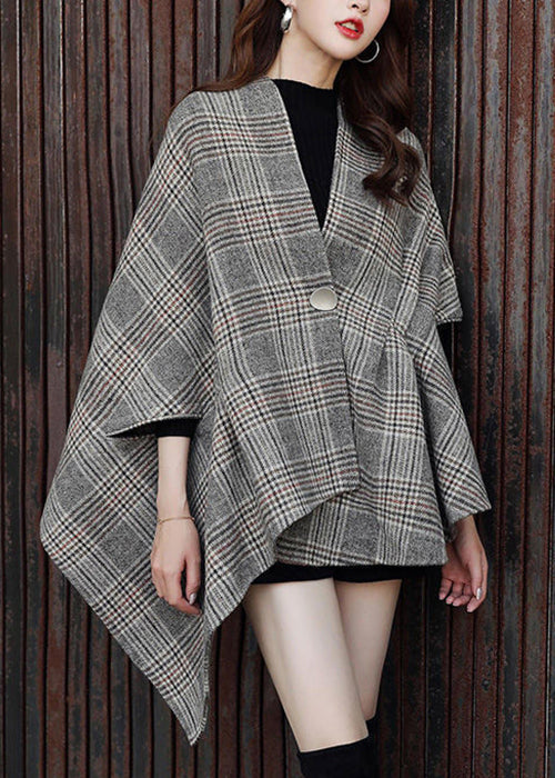 Drune | Größe Plaid Asymmetrische Knopf Patchwork Baumwolle Mäntel