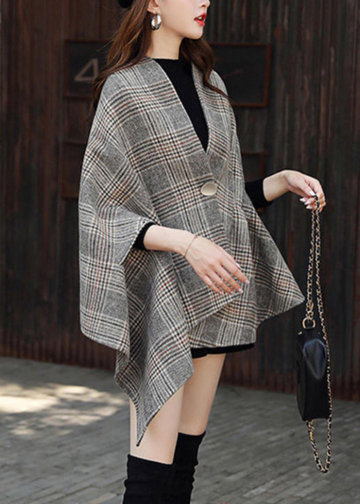 Drune | Größe Plaid Asymmetrische Knopf Patchwork Baumwolle Mäntel