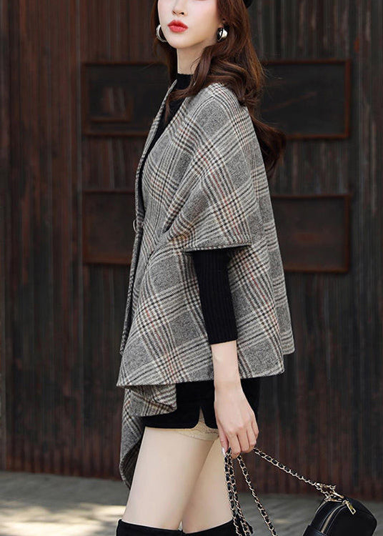 Drune | Größe Plaid Asymmetrische Knopf Patchwork Baumwolle Mäntel