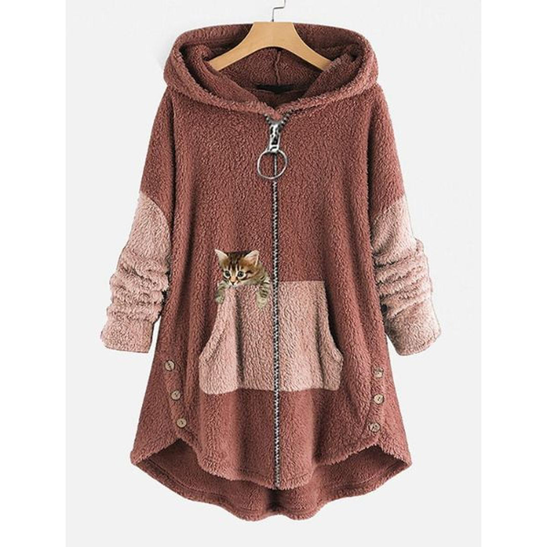 Drune | Plüsch Teddy Mantel mit Katzen Design Für Herbst und Winter