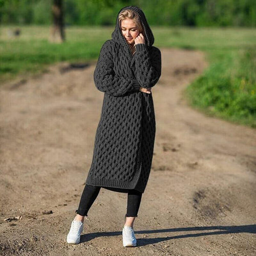 Drune | Lange Strick Hoodie mit Kabelmuster Wolle/polyester Warm und Stilvoll