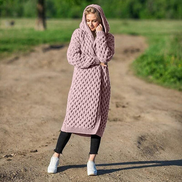Drune | Lange Strick Hoodie mit Kabelmuster Wolle/polyester Warm und Stilvoll