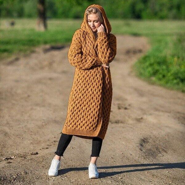 Drune | Lange Strick Hoodie mit Kabelmuster Wolle/polyester Warm und Stilvoll