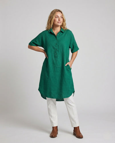 Damen Leinen Tunika Kleid mit Hemdkragen