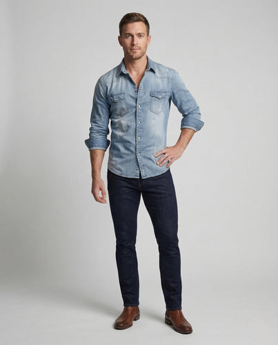 Herren Stretch Western Denim Hemd mit Kontrastnähten