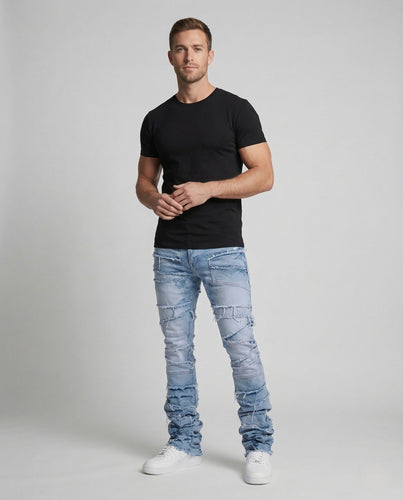 Herren Patchwork Jeans Slim Fit mit Fransen