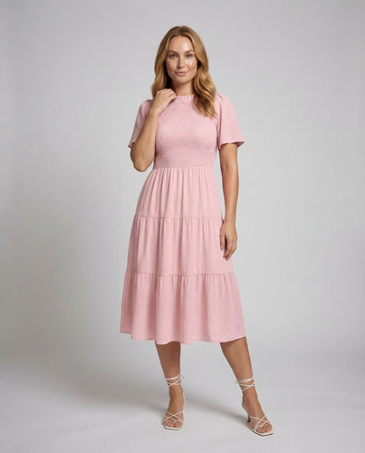 Damen Stufenkleid Midi Gesmokt