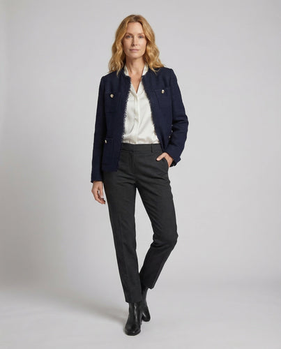 Damen Kragenlose Bouclé-Jacke Fransenbesatz