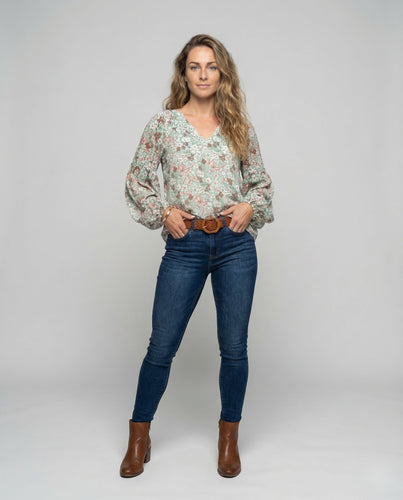 Damen V-Ausschnitt-Bluse Blumenprint