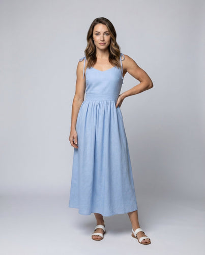 Damen Leinen-Maxikleid Geraffte Empire-Taille