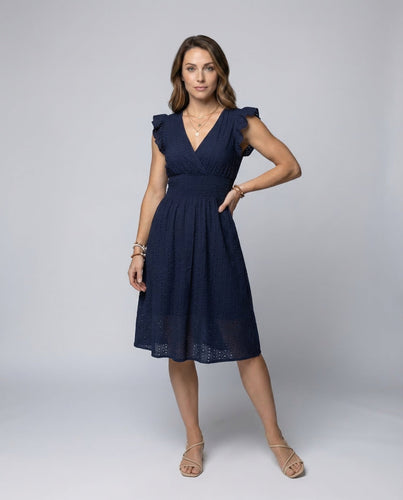 Damen Midikleid Lochstickerei Rüschenärmel