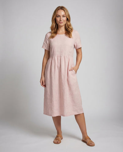 Damen Leinen-Baumwoll-Midikleid Unterbrustraffung