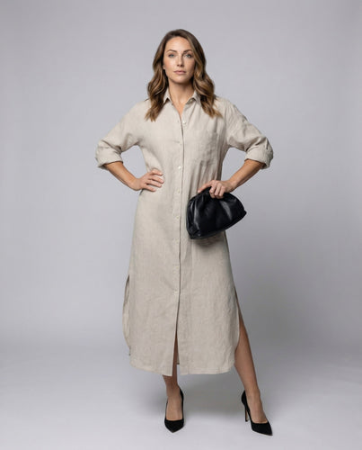 Damen Maxi-Hemdkleid Oversize Tiefe Seitenschlitze