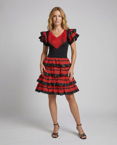 Damen Flamenco-Tanzkleid Fransen-V-Ausschnitt Volantrock