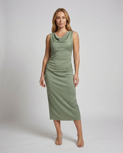Damen tailliertes Satin-Midikleid mit Wasserfallausschnitt