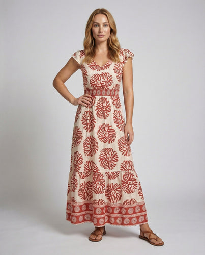 Damen Luftige Smock-Taillenpasse Boho-Maxikleid
