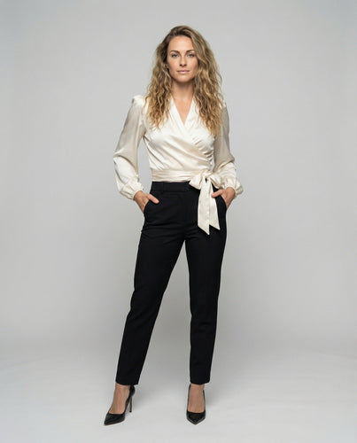 Damen Taillen-Wickelbluse Satin Schalkragen