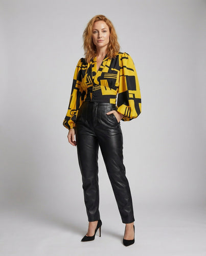 Damen Satinbluse Tailliert Geometrisch V-Ausschnitt