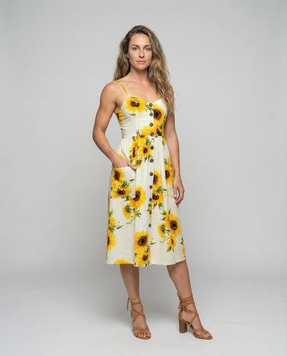 Damen Empire Knopf-Midikleid