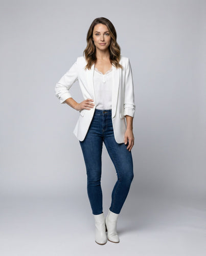 Damen nan eleganter Langblazer mit Schalkragen und aufgekrempelten Ärmeln sowie Pattentaschen Drune