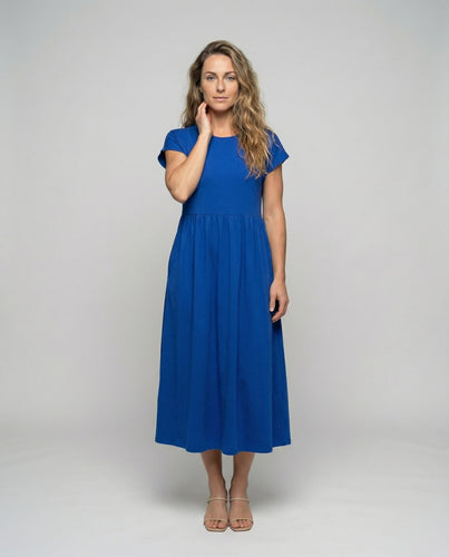 Damen nan fließendes A-Linien-Midikleid mit Empire-Naht, Rundhalsausschnitt und Seitentaschen Drune