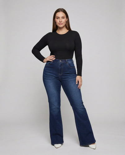 Damen nan hochgeschnittene Schlagjeans mit formendem Taillenbund, elastischem Jeansstoff und ausgestelltem Bein Drune