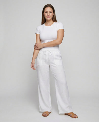 Damen nan leichte Urlaubs-Hose im Palazzo-Stil aus Leinenmischung mit Kordelzug und aufgesetzten Taschen Drune