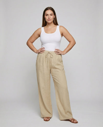 Damen nan weite Leinenhose mit elastischem Bund, Kordelzug und Seitentaschen Drune