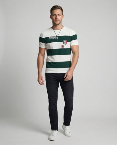 Herren nan gestricktes Typo-Print Rundhals-T-Shirt mit kurzem Arm und figurbetonter Passform Drune