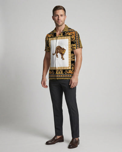 Herren nan luftiges Kurzarm-Hemd mit Kuba-Kragen und barockem Ornamentprint Drune