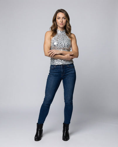 Damen Glitzernde Pailletten Mischgewebe Neckholder-Oberteil