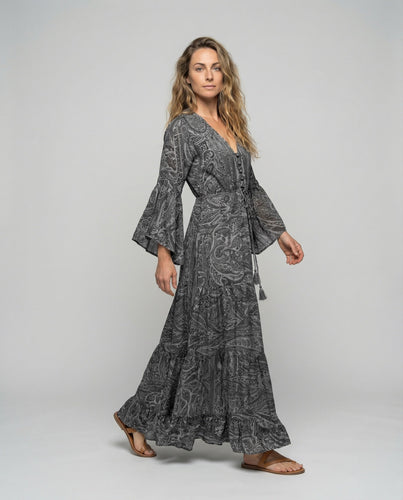 Damen Romantische Paisley-Muster Mischgewebe Maxikleid