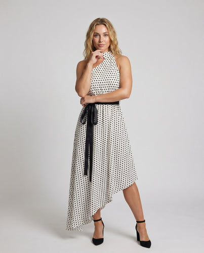 Damen Halter-Maxikleid Punkte Stufensaum Gürtel