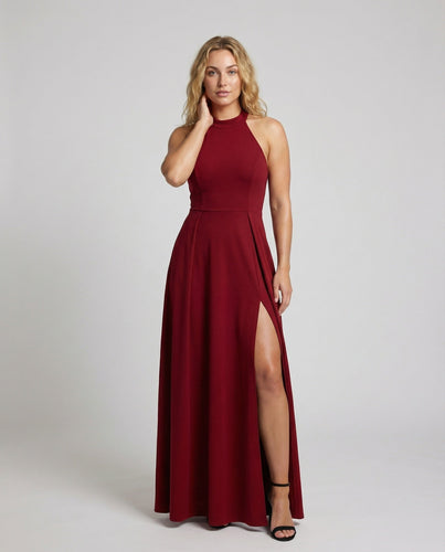 Damen Halter-Maxikleid Stehkragen Oberschenkelschlitz