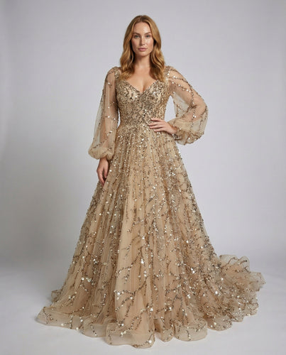 Damen Tüll-Ballkleid Ballonärmel Perlenapplikation
