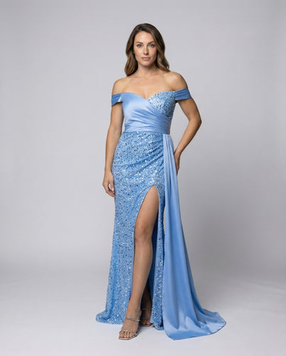 Damen Off-Shoulder Abendrobe Pailletten Satin-Überwurf