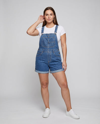 Damen Jeanslatzhose Kurz Verstellbare Träger Gekrempelt
