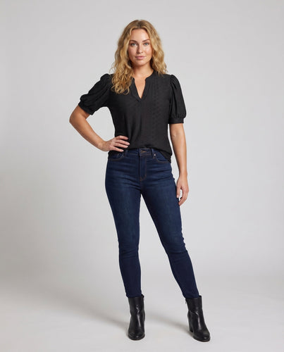 Damen Lochstickerei-Bluse V-Schlitz Puffärmel Gerafft