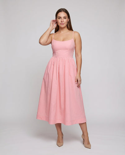 Damen Baumwoll-Midikleid Spaghettiträger Tellerrock Tailliert