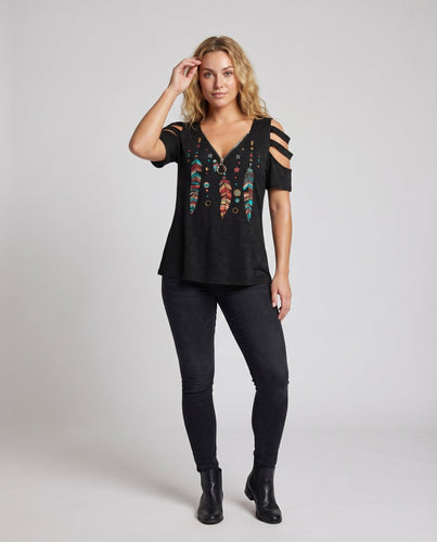Damen Tunika-Top Boho-Print Cut-Out-Ärmel Zipp-Ausschnitt