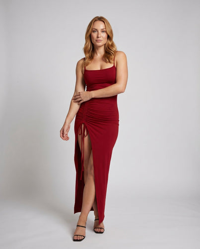 Damen Maxikleid Seitliche Raffung Hoher Schlitz Verstellbar