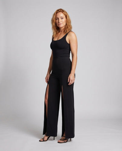Damen Palazzo-Hose Beinschlitze Elastikbund High-Waist