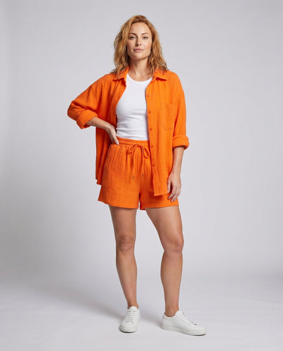 Damen Musselin-Set Oversize-Hemdjacke Shorts mit Kordelzug Baumwollgaze
