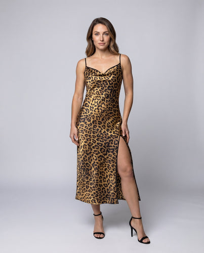 Damen Satin-Midikleid Wasserfall-Ausschnitt Beinschlitz Spaghettiträger
