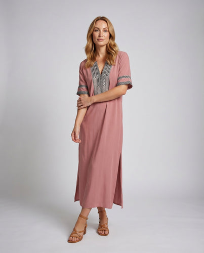 Damen Kaftan-Maxikleid Bestickter V-Ausschnitt Beinschlitz Kurzarm