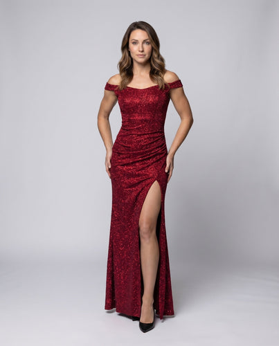 Damen Abendkleid Beinschlitz Glitzeroptik Schulterfrei