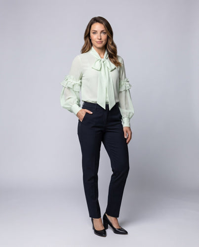 Damen Chiffonbluse Schleifenkragen Rüschenärmel Blüten-Applikation