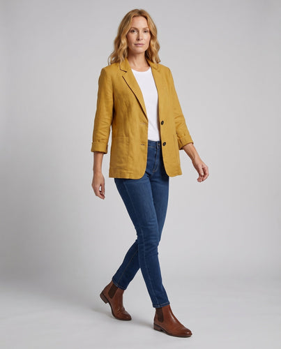 Damen Leinenblazer Gekrempelte Ärmel Aufgesetzte Taschen Locker
